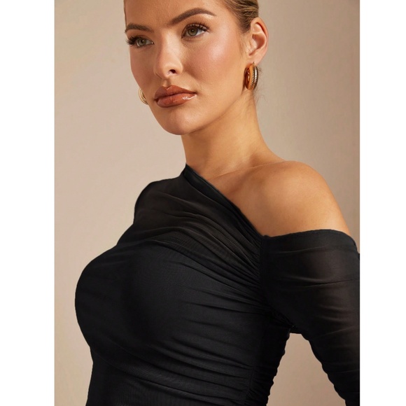 Black Mesh Ruched Asymmetrical Slim Fitted Shirt Tee Top Sheer - Picture 3 of 13